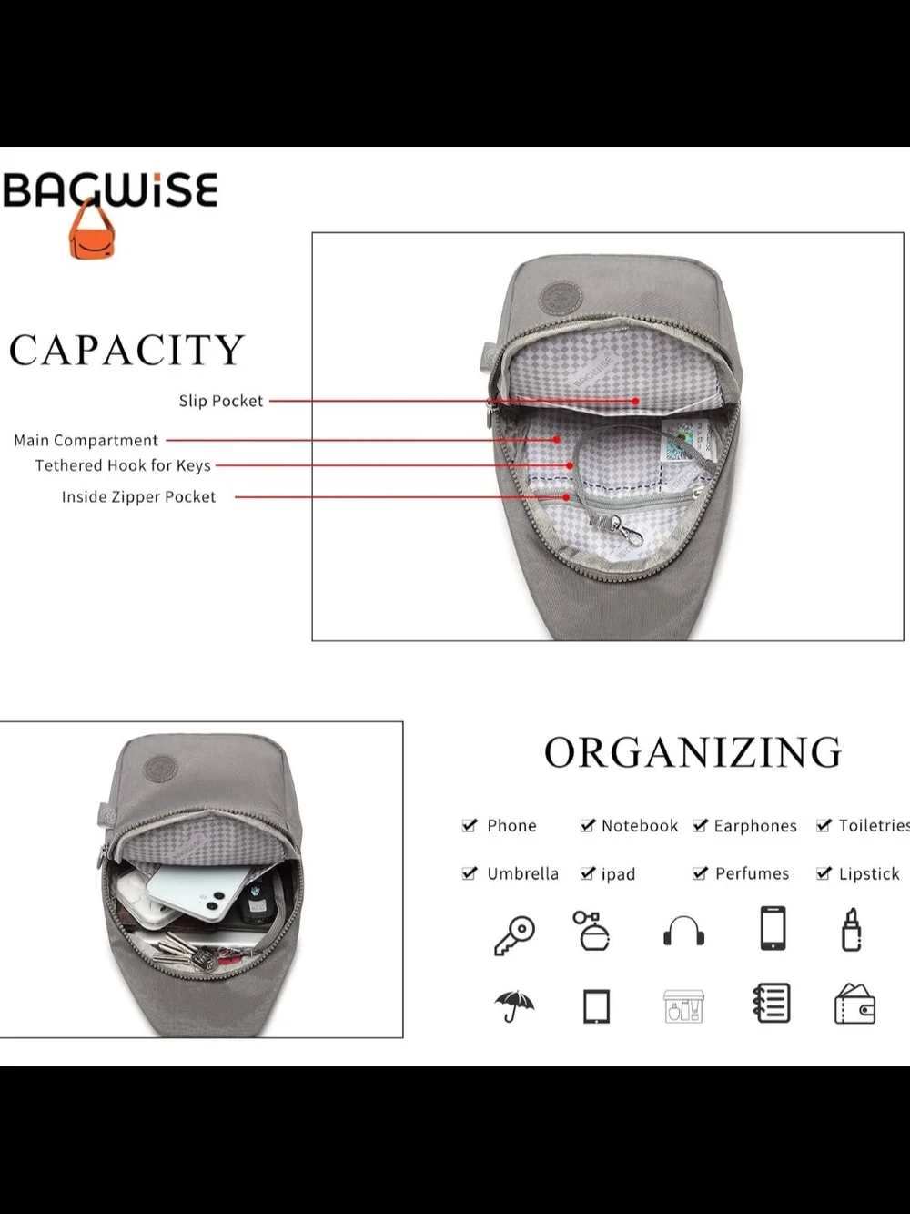 Bagwise Grey Sling Bag Casual Crossbody Carry